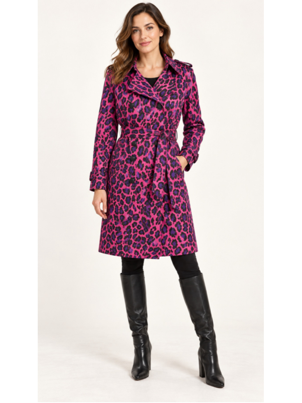 Joan Rivers Pink Purple Leopard Print Belted Trench Coat Women’s Large Y2K